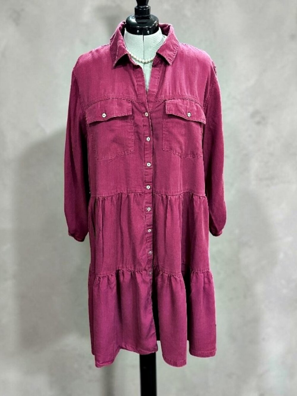 Nurture Westbound 2X Lyocell Tiered MIDI Shirt Dress Washed Berry Plum Button Up